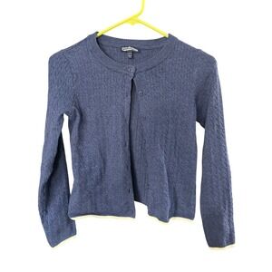 Freshman 1996 Girls Blue Cable Knit Cardigan Sweater Size L 12/14 Cream Trim